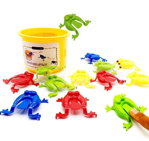 zalati Springspielzeug 12 Stück Springfrosch Finger drücken Tierfigur mit Eimer für Kinder Party Gastgeschenke Kleinkind Preise Spiele – zufällige Farben