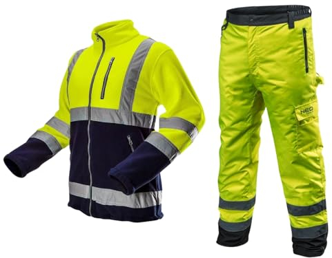 NEO TOOLS Herren Set Thermo Warnschutz-Arbeitshose + Arbeits Fleece Jacke | Hose wasserfest aus Oxford 300D mit Fleece-Innenfutter Gelb, S-2XL (L)