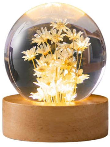 Starnearby Blumen Kristallkugel Lampe, 6 cm Glaskugel Beleuchtet, Pusteblume im Glas, Glaskugel-Nachtlampe mit Holzsocke, Schneekugel Geschenke für Frauen, Mama, Kinder (Gelbes Gänseblümchen)