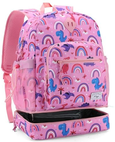Kasgo Kinderrucksack, Niedlich Wasserabweisend Kinder Rucksack mit Brustgurt Schultasche mit Bodenfach für Jungen Mädchen 8-12 Jahre Rosa Dinosaurier