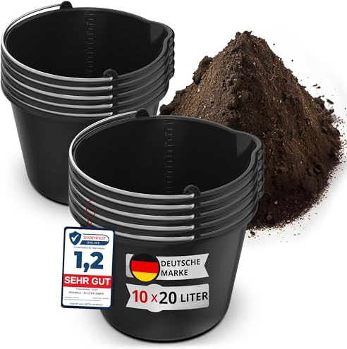 10x Oramics 20L Eimer mit Ausguss Tülle – Baueimer Kübel für Zement und Mörtel – Stabiler Wassereimer mit Skala für Haushalt, Garten, Baustellen und Landwirtschaft (10x 20 Liter Mörteleimer)