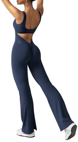 ZAAYO Damen Flared Jumpsuit Tight Scrunch Butt Overalls Lang Ärmelloser Sport rückenfrei Jumpsuit Yoga Bodycon Einteiler Ganzkörperanzug Stretch Elegant Jumpsuits
