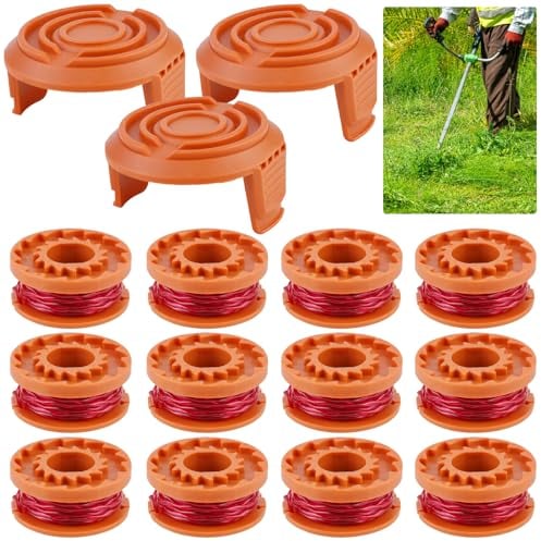 Ersatz Rasentrimmer Spule Funktioniert mit Worx Alle 20V Rasentrimmer, Trimmer Fadenspule Für Rasentrimmer, Ersatzspule Modell WA0010 Ø 1,65mm, 3m Länge (12 Ersatzspulen + 3 Kappe WA6531)