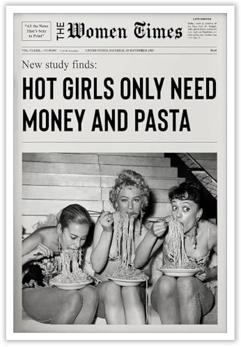 Dcvjiy Vintage Newspaper Unframed Print Poster，Girl Dorm Room Wall Art，Women Eating Pasta Canvas Art Room aesthetics，Trendy Funky Italian Kitchen Wall Decor 24x36in
