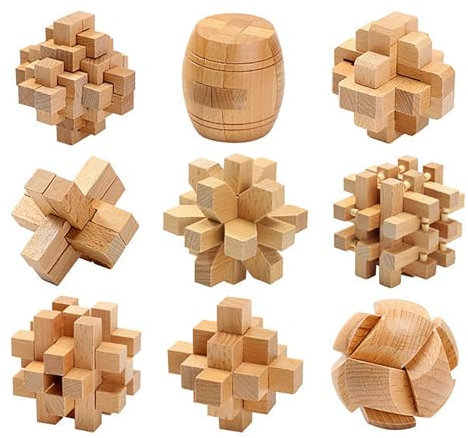 Holzsammlung 9 Pièces Casse-Tête en Bois Puzzle 3D Jeu de Logique Educatif Jeu de Patience Jigsaw Lock Cube, Intelligence Géométrie Logique Défi Jouet IQ Jeu de Réflexion pour Enfants et Adultes