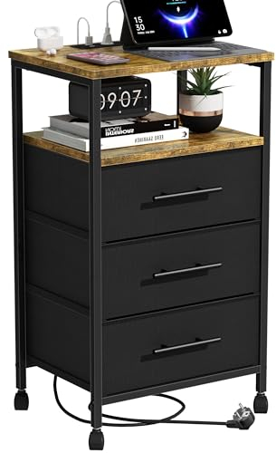 MYGIIVOVO Nachttisch mit Ladestation, Nachttisch mit Steckdosen und USB Anschlüssen, Sofa-Beistelltisch, mit Metallrahmen und Stoffschubladen, für Schlafzimmer