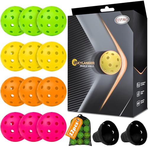 LUCYLANKER Balles de Pickleball D'extérieur, 40 Trous pour Le Sport en Plein Air, à Rebond Élevé et Durables pour Tous Les Styles de Raquette (Polychrome, 12 Pièces)