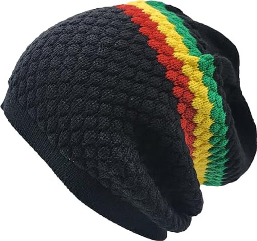 CRAZY LIZARD Reggae Rasta-Hut für kurze Dreadlocks für die Rasta-Kultur mit lebendigen Farben auf der Beanie-Rasta-Mütze, schwarz mit streifen, Einheitsgröße