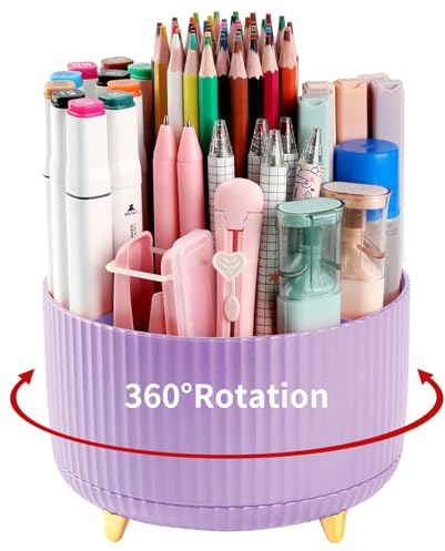 EDENMS Desk Pencil Pen Holder, 5 Slots 360°Degree Rotating Pen Organizers for Desk, Desktop Storage Stationery Supplies Organizer, Cute Pencil Cup Pot for Office, School, Home, Art Supply, Purple