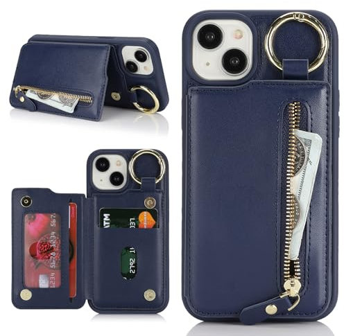 Ｈａｖａｙａ für iPhone 14 Hülle mit Kartenhalter Handyhülle für iPhone 13 mit Schlüsselanhänger Hülle geldbörse Reißverschluss für Herren und Damen - Blau