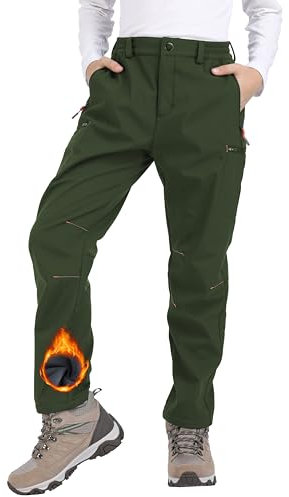 Djtnzdm Skihose Kinder Winter Thermohose Jungen Gefütterte Softshellhose Kinder Mädchen Trekkinghose Winddicht Schneehose Jungen Warm Thermohose Jungen wasserdichte Wanderhose Grün 164-170