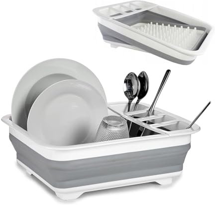 AONAT Escurreplatos Plegable Gris con Separador de Cubiertos,Escurridor de Platos Plegable en Silicona, propietarios de viviendas o acampadas,Resistente a roturas,diseño Que Ahorra Espacio