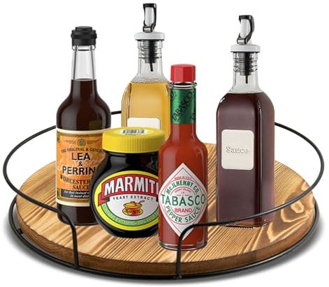 RoxNvm Lazy Susan Turntable, Wooden Lazy Susan Cupboard Organiser, 9 Inch Rotating Storage Rack, Turntable Storage Organisers, Condiments Organiser for Kitchen Refrigerator Pantry Cabinet