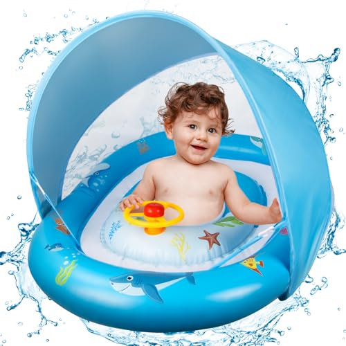 Ninonly Salvagente Bambino con Parasole Rimovibile UPF50+ Piscina Gonfiabile Neonato Aiuto per il Nuoto per la Piscina con Volante Galleggiante per Bambini Salvagente Neonato 3-36 Mesi