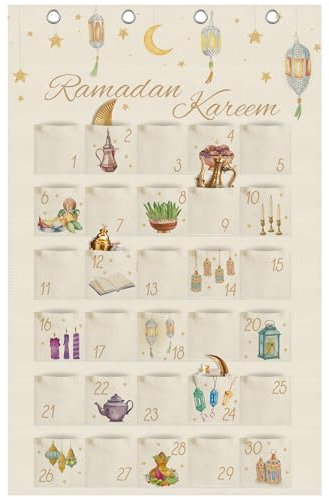 Ramadan Adventskalender als Wandkalender aus Stoff, Adventskalender zum Befüllen mit 30 Taschen, Wandteppich Hängend zum Wand Tür Deko Ramadan Mubarak Kalender Stoffbeutel
