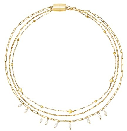 Breil, Collezione Magnetica System, Collana Donna Multigiro in Acciaio con Perle Pendenti Naturali ed Elementi a Forma di Cuore, Regolabile con Chiusura a Magnete, Idea Regalo Donne