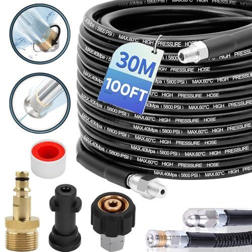 Tubo flessibile per idropulitrice da 30 m, compatibile con Karcher serie K (K2-K7), connettore a scatto a M22-14 mm, getto di scarico per idropulitrice da 400 bar/5800 PSI Include 3 adattatori, 2