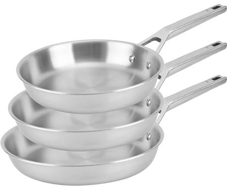 Florina Set Sartenes de acero inoxidable LUCIDA | 20 CM, 24 CM, 28 CM | 3 piezas | 3 capas | Núcleo de aluminio | Apto para horno | Mango ergonómico | Acabado espejo | Todas las cocinas