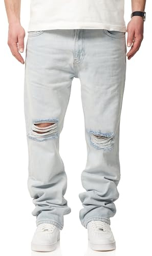 behype. Herren Jeans Ripped Straight-Fit Jeanshose 100% Baumwolle Denim Hose Used Look Men's DC_JN-246-Ice Blue-W33/L32