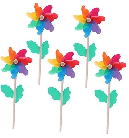 VICASKY Rainbow Windmill Decor 5pcs Wooden Pinwheel Windmill for Boys and Girls Play Party Decorations