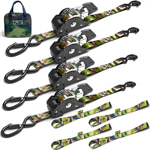 KJE Sangles à cliquet rétractables à motif camouflage, (4) sangles d'arrimage de 2,5 cm x 3 m + (4) boucle souple – Résistance maximale à la rupture de 0,7 kg – Crochet en S avec clip – Sangle à