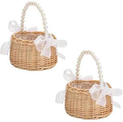 2 Stück Wicker Rattan Blumenmädchen Korb Blumenkorb mit henkel und Schleife Blumenkörbe Geflochtener Korb für Die Hochzeit Blumen (Garn A)