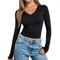 Women Black Long Sleeve Top Ladies Casual Basic V Neck Crop Tops Elasticity Slim Fit for Spring Autumn (UK, Alpha, S, Regular, Regular, Black)