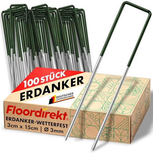 Floordirekt Erdanker 100 Stück Heringe für Kunstrasen, Unkrautvlies, Zaun, Zelt, Camping & Garten aus Eisendraht 15 x 3 cm stabile und korrosionsbeständige Bodenanker