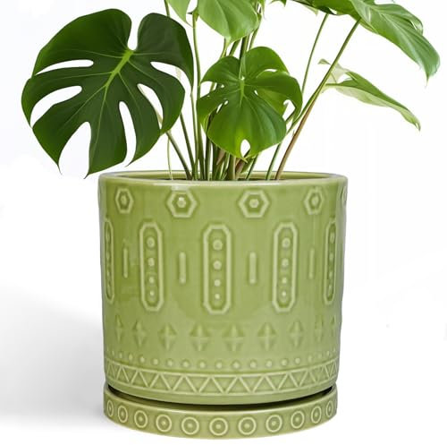 Eightpot Keramiktopf für Pflanzen - 25,4 cm Indoor-Pflanztöpfe mit Drainagelöchern und Untersetzer, Boho-Rund-Pflanzgefäß für den Außenbereich, dekorativer großer Übertopf für Blume