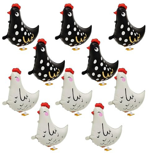 10 Stück Folienballon Henne, Helium Huhn Folienballon, Hühnerluftballons, Huhn Tiere Luftballons für Bauernhof Kinder, Ostern, für Kinder Geburtstag Party Deko(Schwarz, Weiß)