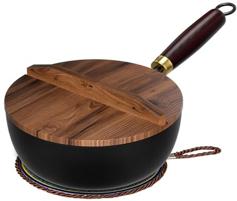 Cast Iron Wok - Hand Forged Big Belly Pot - for Gas Stoves Induction Hobs Searing SautéIng Simmering - Stock Pot - Frying Pan - Non Stick Pan Healthy Cooking,Wooden lid,20cm(7.87in)
