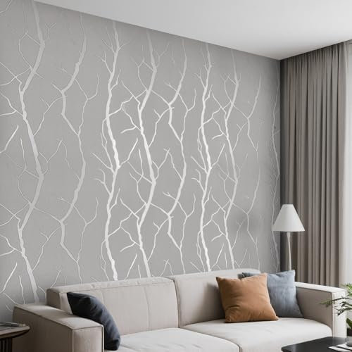 Beswitory Grey Wallpaper Modern Minimalist Curve Tree Striped Patterns 3D Embossed Non-Woven Glitter Wallpaper for Adults Kids Bedroom Living Room Lounge TV Backdrop Hallway and Stairs