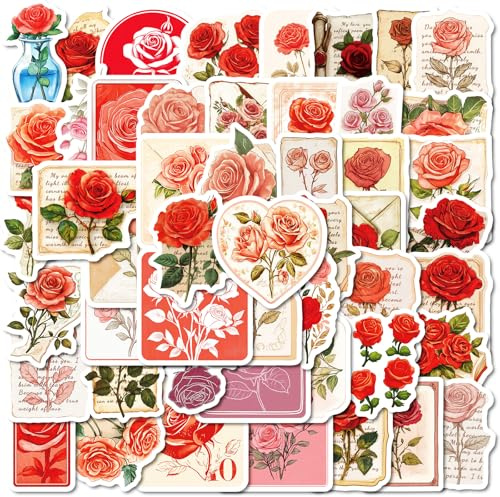 100 Vintage Rote Rose Graffiti Aufkleber Hochwertige Romantische Rose Gepäck Computer Dekorative Laptop Skateboard Fahrrad Tagebuch Helm Auto Motorrad Wasserdicht PVC-Vinyl