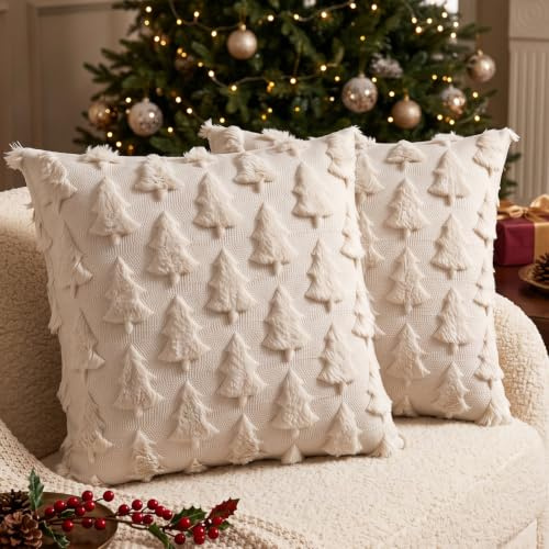 Miaikoe Weihnachtskissenbezüge 40x40 cm Set von 2 Beige Weihnachtsbaum-Kissenbezüge Weich Plüsch Kunstpelz für Winterferien Wohnzimmer Reiseautobahn Sofa Dekoration