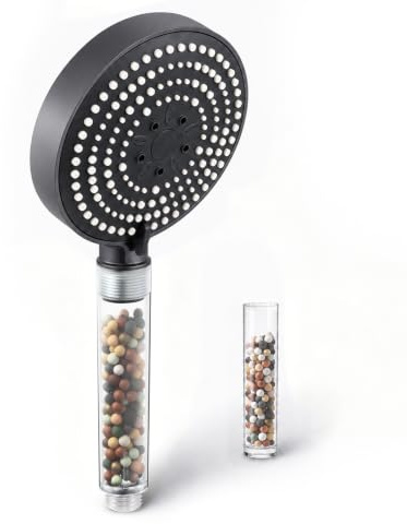 OFFO Pommeau de Douche Anti Calcaire 6 Modes Poignée Transparente | Pommeau de Douche Filtrant avec Filtre Visible, Haute Pression, Économie d'eau, Douchette Salle de Bain, Chrome Noir
