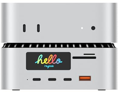 RayCue All-in-One Charger Dock for Mac mini M4, Aluminum Mac mini M4 Dock Hub Stand with 8TB NVMe/SATA SSD Enclosure, 165W Power Delivery, 4K60Hz HDMI, Smart Display, SD/TF 4.0, 10G USB A/C, Audio