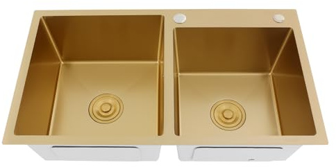 80x45x22cm Doppelbecken Spüle Arbeitsplatte/Einbau-Spülbecken 2 Becken Edelstahl Küchenspüle mit Siphon Set und Filter Edelstahl-Waschtisch Spülbecken für Küche,leicht zu reinigendes (Gold)
