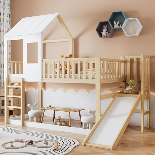 Solid Wood Bunk Bed with Slide&Ladder&Under-bed Storage Space, 3FT Single High Sleeper Bunk Beds Tree House Bed Children's Bed with Window&Guardrail&Slats, Loft Bed Frame for Kids Teens Adults, White