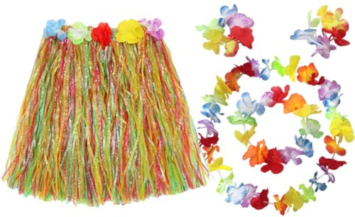 TOYANDONA Ensemble de Costume Hawaïen 5 Pièces Jupe en Paille Synthétique 40 Cm, Guirlande de Fleurs Artificielles et Accessoires Décoratifs pour Fête Luau, Anniversaire et Plage
