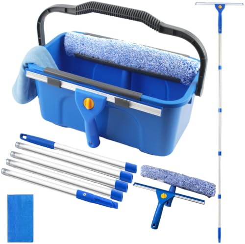 Window Cleaning Kit with Bucket, Squeegee and Scrubber for Home, Commercial | Professional High Windows Washing Kit, 76 Long Handle Window Squeegee & Scrubber, 3 Gal Bucket, Complete Window Cleaner Tool