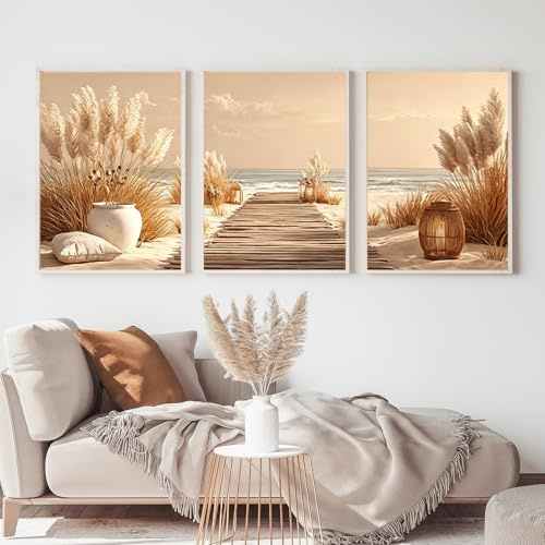TROYSINC 3er Boho Strand Poster Set, Sanfte Pampasgras Bilder, Aesthetic Wandbilder Wohnzimmer, Wanddeko für Wohnzimmer & Schlafzimmer,ohne Rahmen (30x40cm)