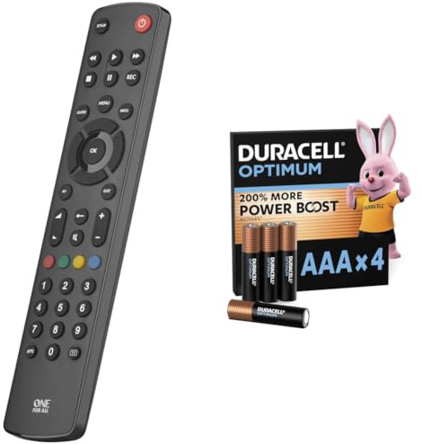 One For All Contour TV Universal Remote - Control of TV/Smart TV - Guaranteed to work with all manufacturer brands - Learning remote control - URC1210 + Duracell Optimum pack of 4 AAA