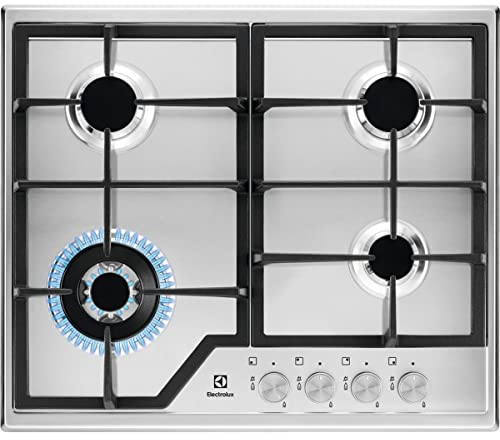 Electrolux KGS6436SX Placa de gas, 4 fuegos, Quemador Wok, 1 ultrarápido, Mandos Frontales, Calor Instantaneo, Autoencendido electrónico, Termopar de Seguridad, Inox, 60 cm