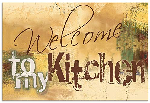 ARTland Spritzschutz Küchenrückwand aus Alu für Küche Herd Spüle 90x60 cm (BxH) mit Motiv Spruch Shabby Landhaus Kunst Willkommen Ocker H6ZJ