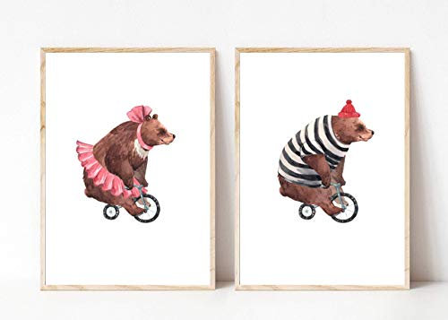 Din A4 Kunstdruck ungerahmt - 2-teilig Bär Zirkusbär auf Fahrrad Zirkus Aquarell Kinderzimmer Geschenk Druck Poster Bild