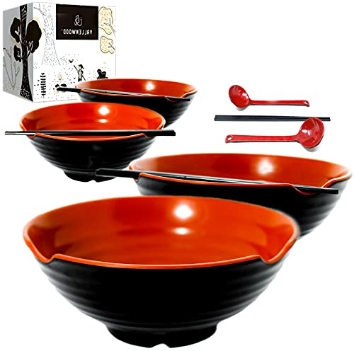 Juego de 4 cuencos XL, juego de 12 cuencos de ramen, sopa asiática japonesa con cucharas y palillos. melamina de calidad de restaurante, grande 50 onzas para fideos, Pho, Udon, china, 9 pulgadas..