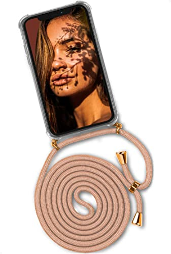 ONEFLOW Handykette für iPhone 12 Pro Max Hülle mit Band, Handyhülle mit Kette abnehmbar, Handyband zum Umhängen, Handy Umhängeband Lange Handykordel, Twist Case – Gold Beige