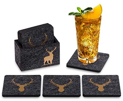 Set di sottobicchieri in feltro, motivo cervo, colore antracite, oro, 9 pezzi, per vino, birra, cocktail