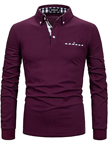 APAELEA Polo de Golf à Manches Longues Homme Coton Contrasté Plaid épissure Lattice Tennis Shirt,Rose,XL