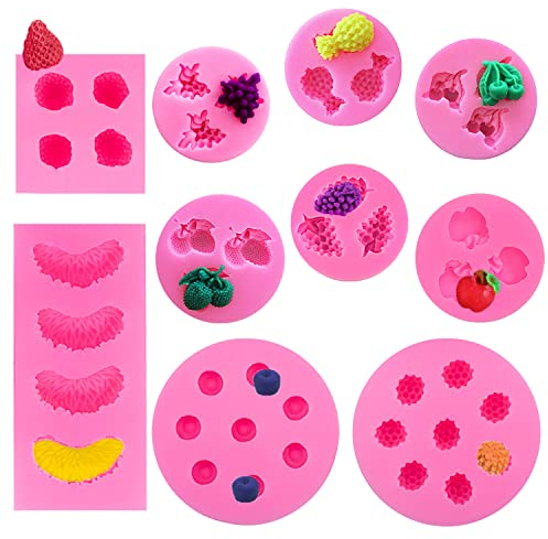 10 piezas Moldes de gelatina con forma de fruta moldes para fondant, Mini molde de chocolate 3D Molde de caramelo Molde de vela Piña Fresa Naranja Arándano para decoración de magdalenas